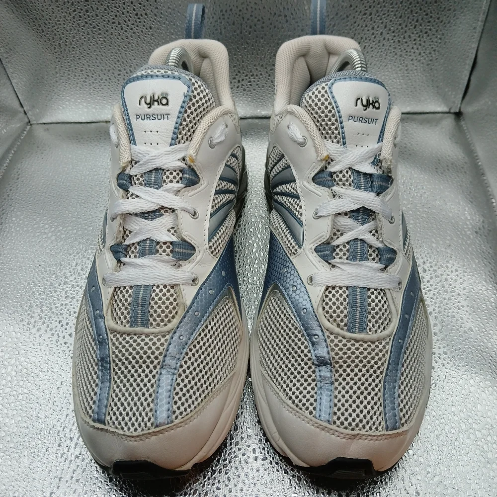 Ryka White & Metalic Lt Blue Pursuit Sneakers Women's Size 9